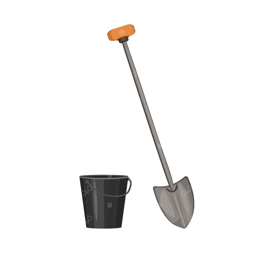 بیلچه و سطل روی پس‌زمینه سفید. ابزار باغبانی یا ساختمانی. لوازم خانگی.