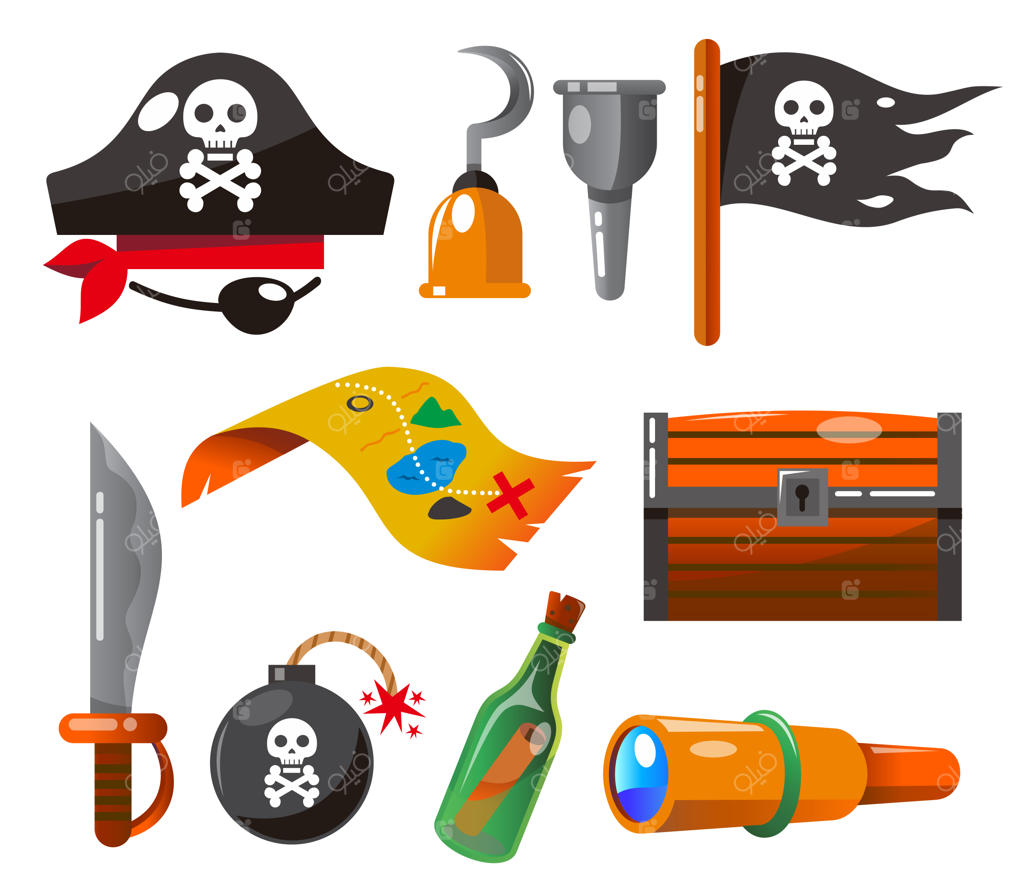 مجموعه‌ای از تجهیزات ماجراجویی دزدان دریایی (وکتور کارتونی)