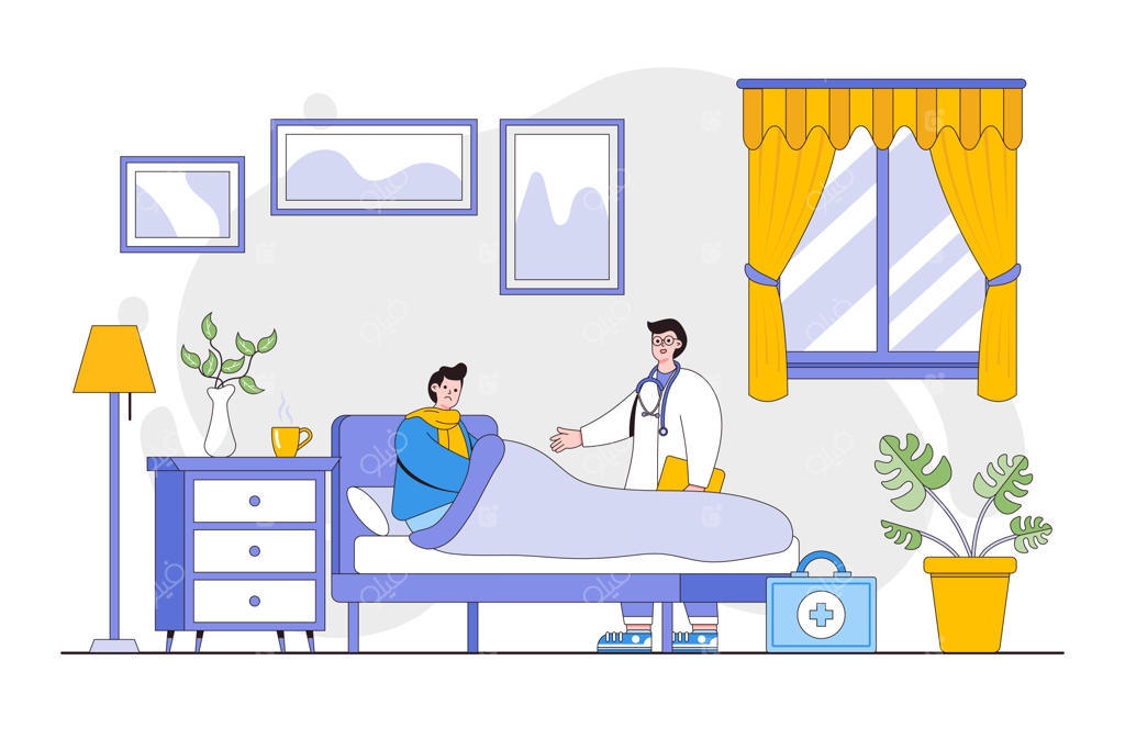 کانسپت دکتر در خانه: پزشک در حال ویزیت مردی در خانه، معاینه مردی که در تخت دراز کشیده توسط پزشک. طراحی ساده مینیمال برای صفحه فرود.