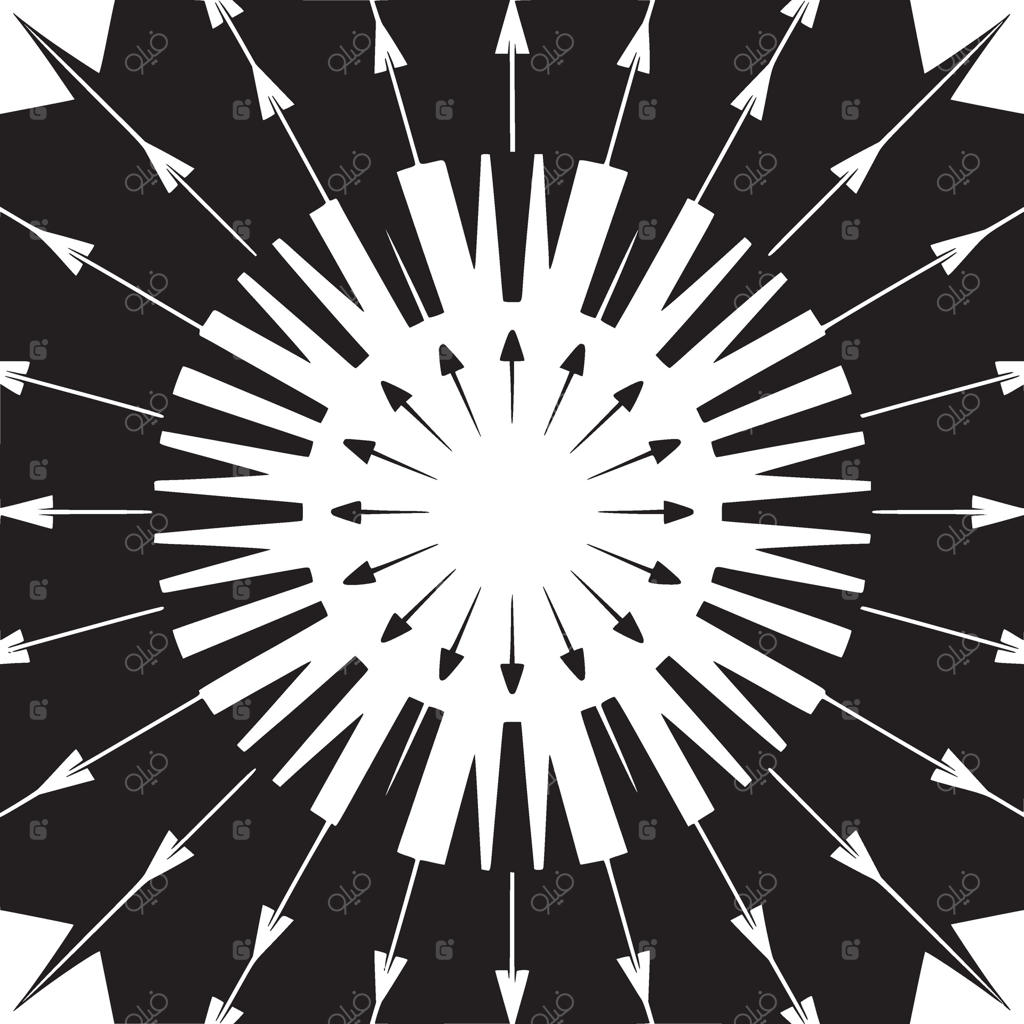 طرح شعاعی سیاه و سفید با پیکان‌ها و خطوطی که از یک فضای دایره‌ای مرکزی تابش می‌کنند