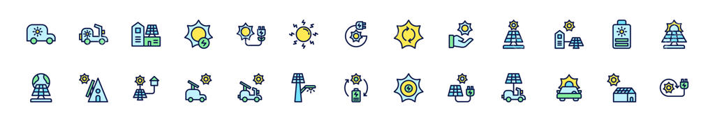 مجموعه آیکن انرژی خورشیدی، انرژی از طبیعت. شامل خودروی برقی، پنل خورشیدی، ژنراتور خورشیدی، گلخانه و دستگاه قابل شارژ. مجموعه آیکن‌های رنگارنگ و خطی.