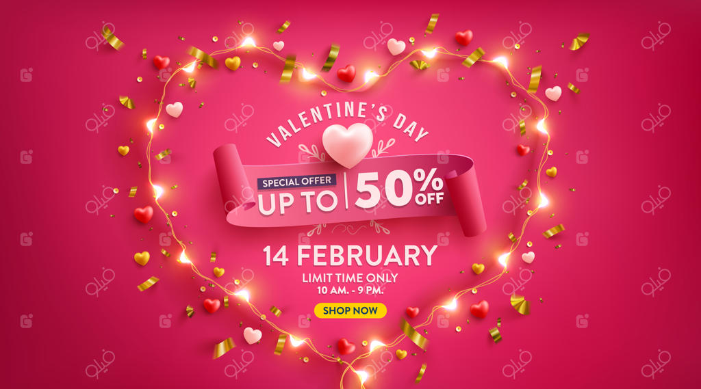 پوستر فروش ویژه روز ولنتاین با قلبی از چراغ‌های LED بر روی زمینه قرمز