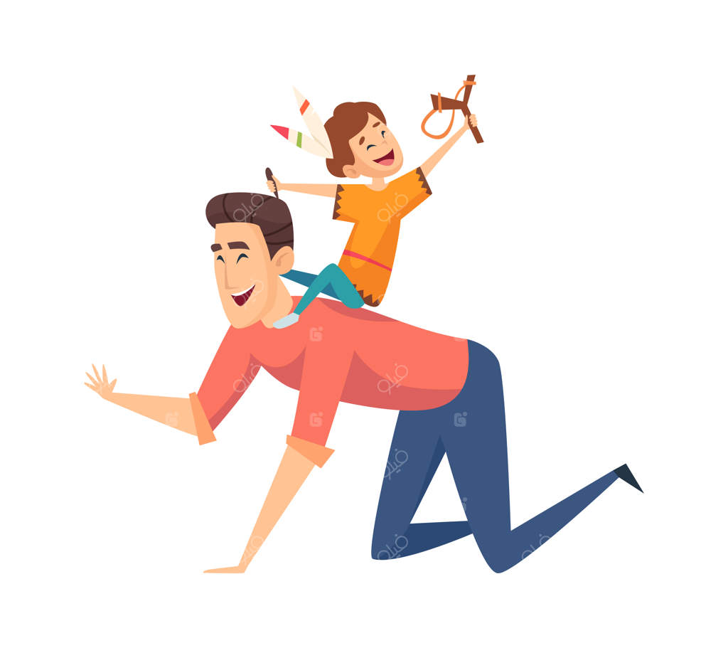 بازی سرخپوستان: پدر و پسر در حال خنده، خانواده کارتونی جدا افتاده. پسری خوشحال با پر در موهایش روی زانوی پدرش نشسته. تصویر برداری. شادی پدری، بازی کودکانه با پدر