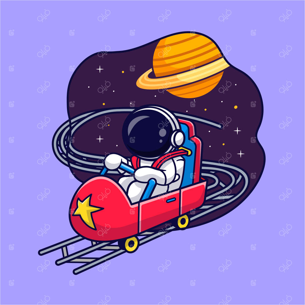 آیکون وکتور کارتونی فضانورد بامزه سوار بر ترن هوایی در فضا - علم و فناوری
