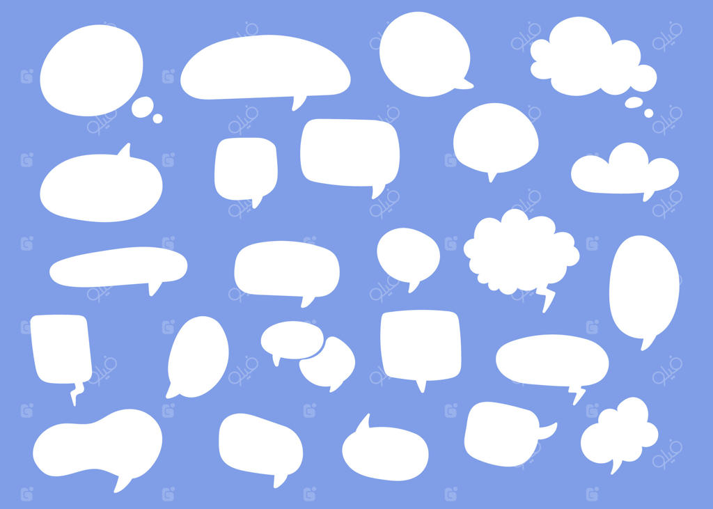 مجموعة حباب گفت‌وگو: حباب‌های گفت‌وگوی ساده و سفید روی زمینه آبی، طراحی دستی