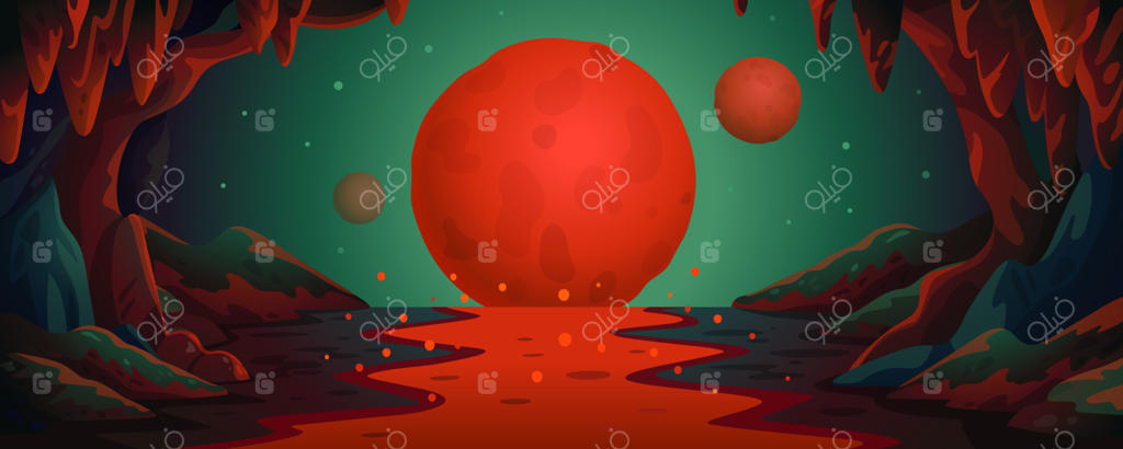 پس‌زمینه وکتور کارتونی مریخ؛ منظره غار مریخی با رودخانه گدازه زیرزمینی و سیاره‌های قرمز. تصویرسازی وکتور به سبک کارتونی تخت.