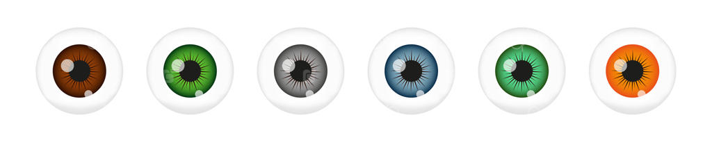 چشم‌های انسانی با مردمک‌های قهوه‌ای، سبز، خاکستری و آبی بر روی زمینه سفید: نمای نزدیک از چشم‌ها در مفهوم جاسوسی و نظارت