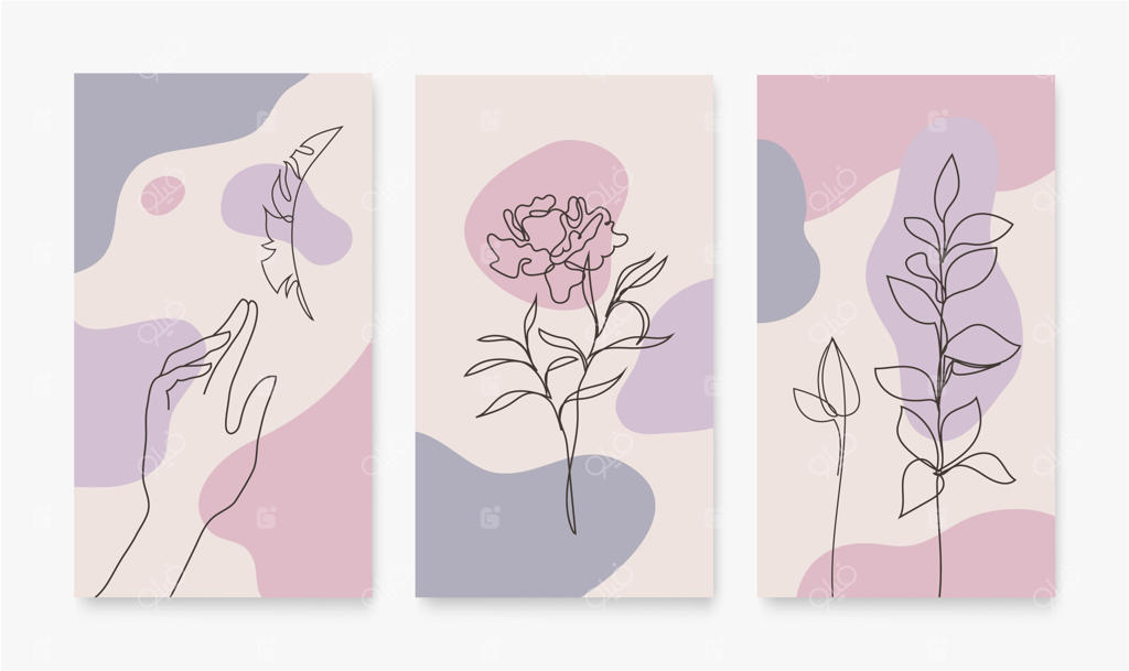 مجموعه طراحی وکتور برای کاورهای شبکه‌های اجتماعی، کارت‌ها، فلایرها، پوسترها، اپلیکیشن‌های موبایل، بنرها و سایر تبلیغات. طراحی دست و گل‌ها به صورت خطی و پیوسته