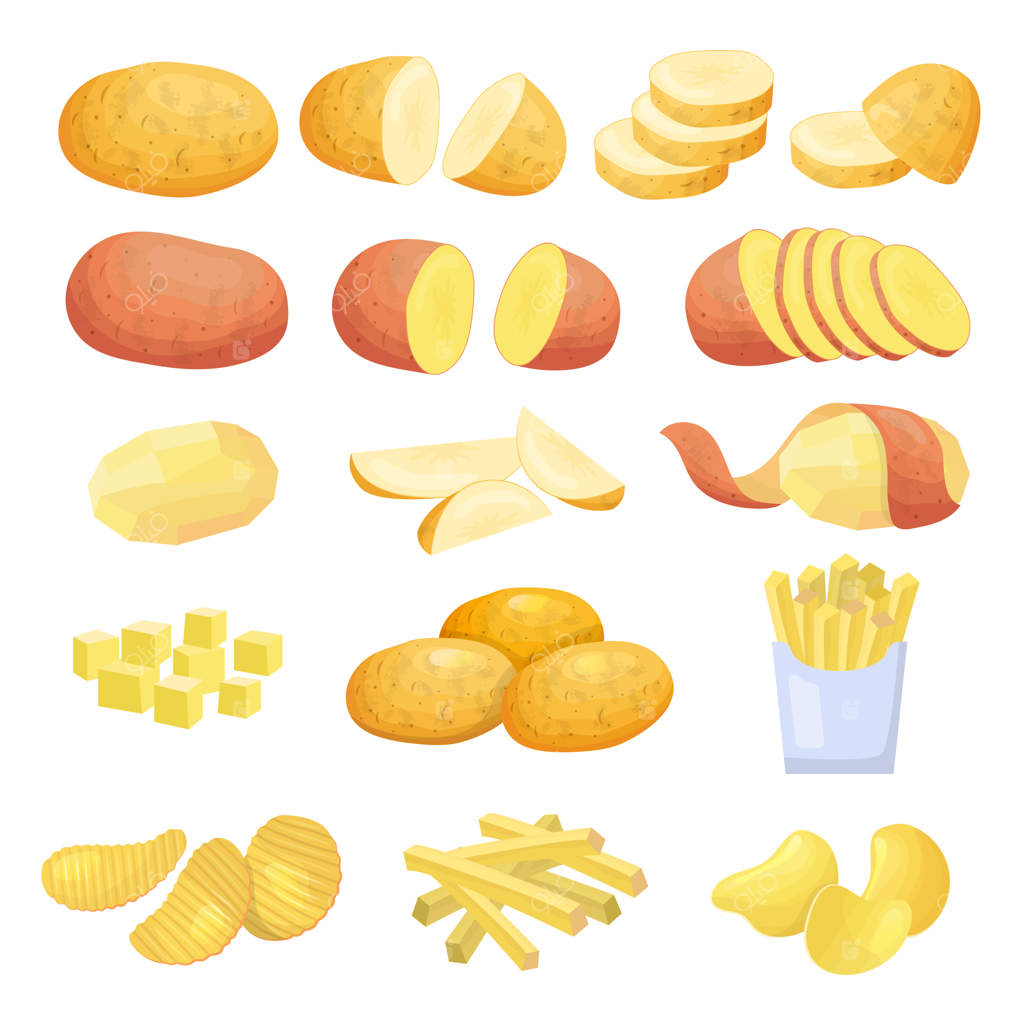 سیب‌زمینی‌های طبیعی، گیاهان و سبزیجات تکه‌شده: مجموعه‌ای از تصاویری رنگی و مدرن