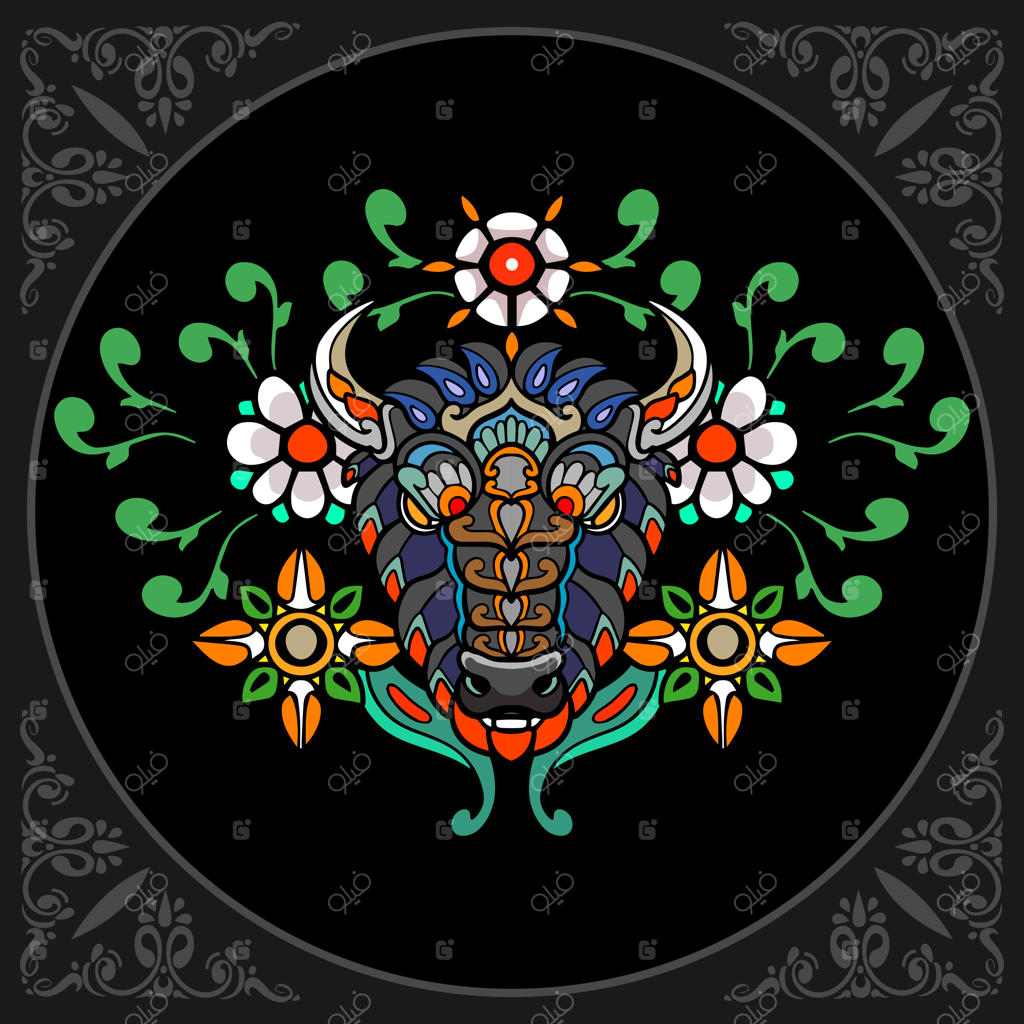 هنرهای زنتانگل بوفالوی رنگارنگ بر روی زمینه سیاه