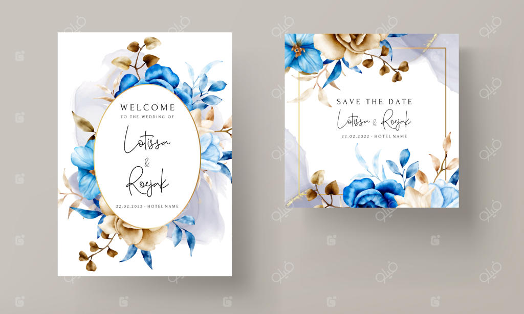 قالب دعوتنامه عروسی با طرح آبرنگی و گل‌های آبی و قهوه‌ای