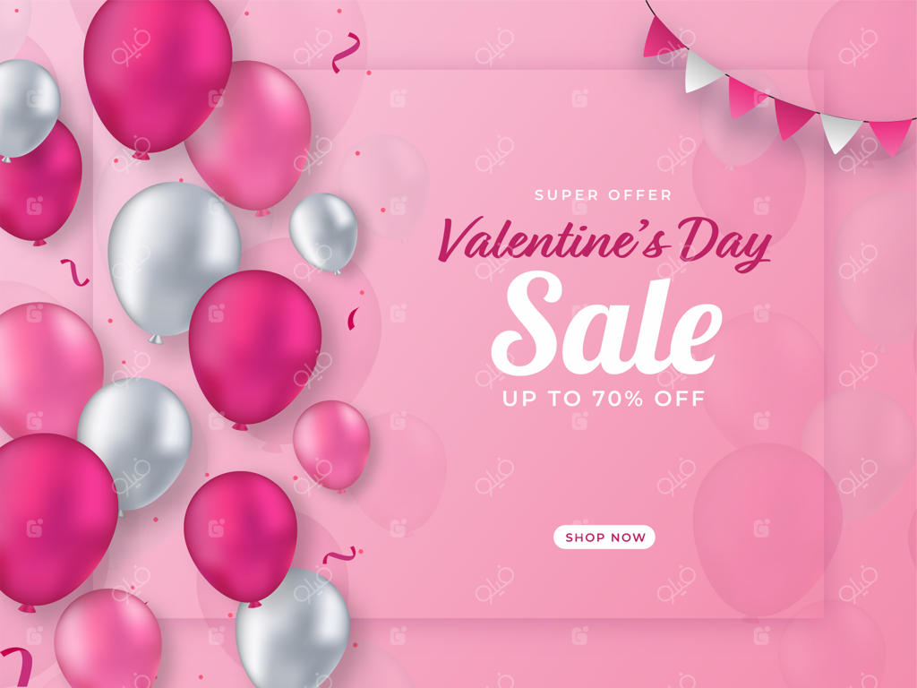 پوستر تخفیف ویژه ولنتاین همراه با بادکنک‌های براق روی زمینه صورتی.