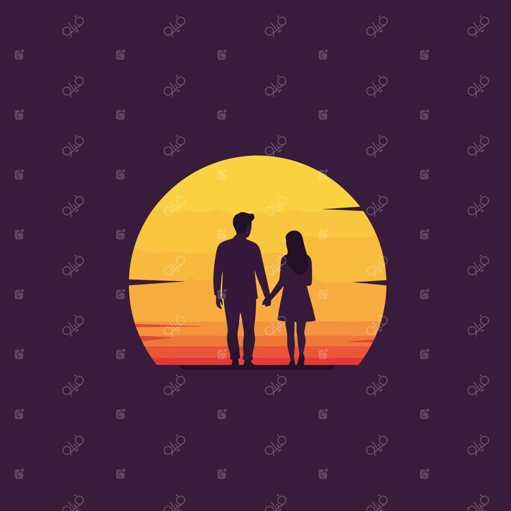 تصویرسازی ضد نور زوج دست در دست در پس‌زمینه غروب زرد و نارنجی با مفهوم عشق رمانتیک