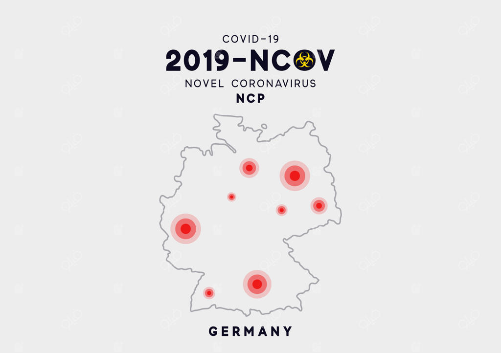 اینفوگرافیک نقشه آلمان، مکان‌یابی شیوع ویروس کووید ۱۹. کروناویروس جدید (۲۰۱۹-ncov). پاتوژن تنفسی چینی کروناویروس ۲۰۱۹-ncov. ویروس ncov تک‌رشته‌ای rna.