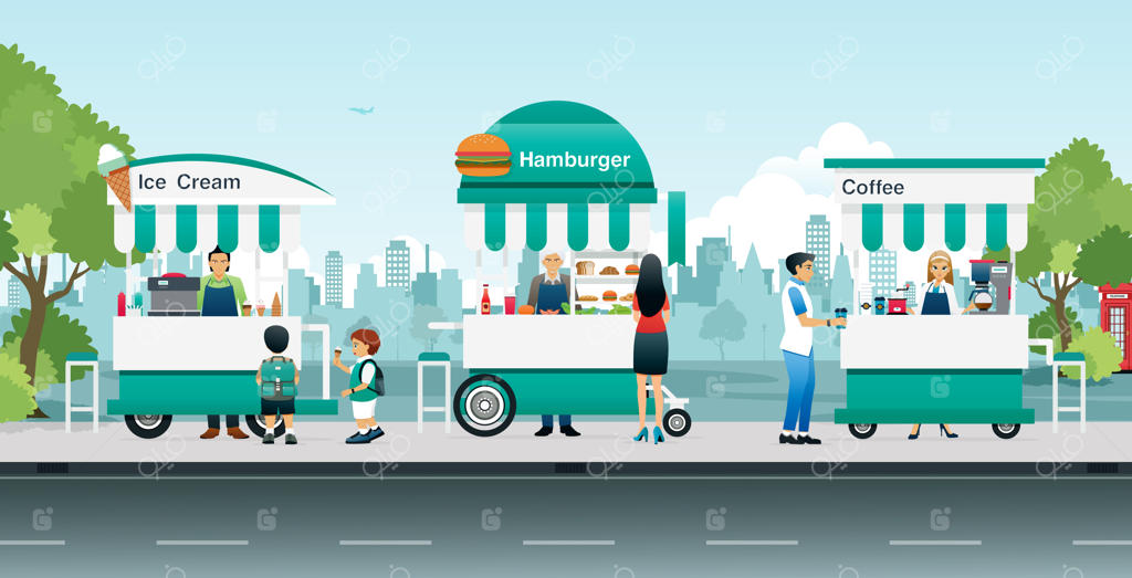 فروش بستنی و همبرگر چرخ دستی در کنار جاده شهر