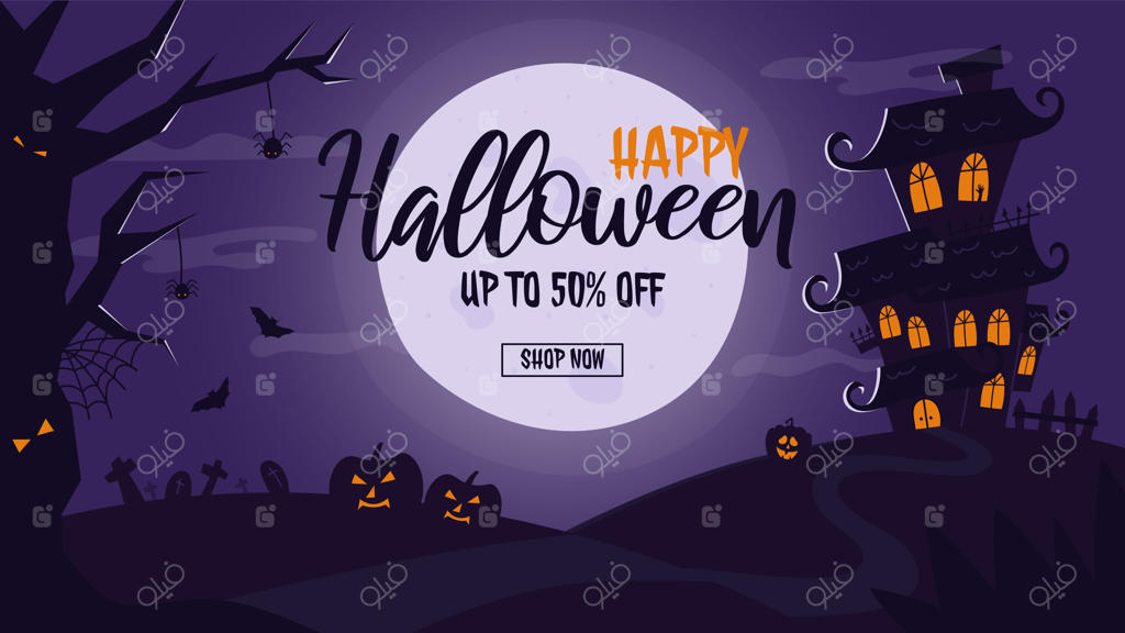 بنر شب هالووین با خانه تسخیر شده و ماه کامل