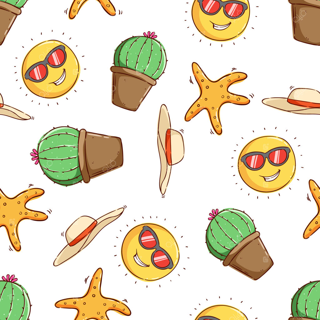 طرح مفهومی تابستان گرمسیری با الگوی یکپارچه شامل کاکتوس، ستاره دریایی، کلاه ساحلی و خورشید کارتونی