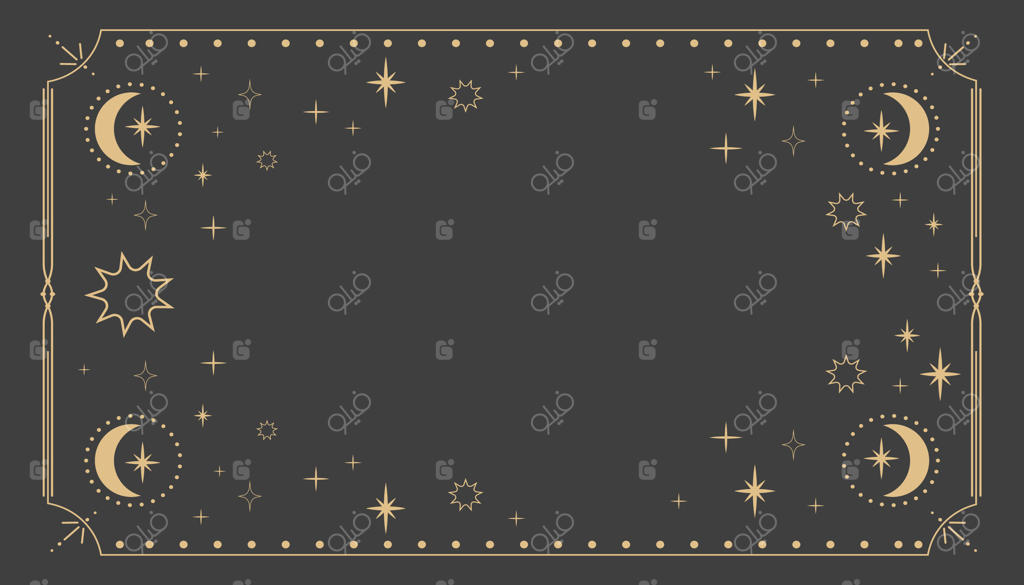 قاب آسمانی طلایی مینیمال و اسرارآمیز، حاشیه‌ای با خطوط نازک، تزیینات خطی متافیزیکی با نقاط، ماه و ستاره‌ها در گوشه‌ها و زمینه‌ای تیره. شکل هندسی، تاروت