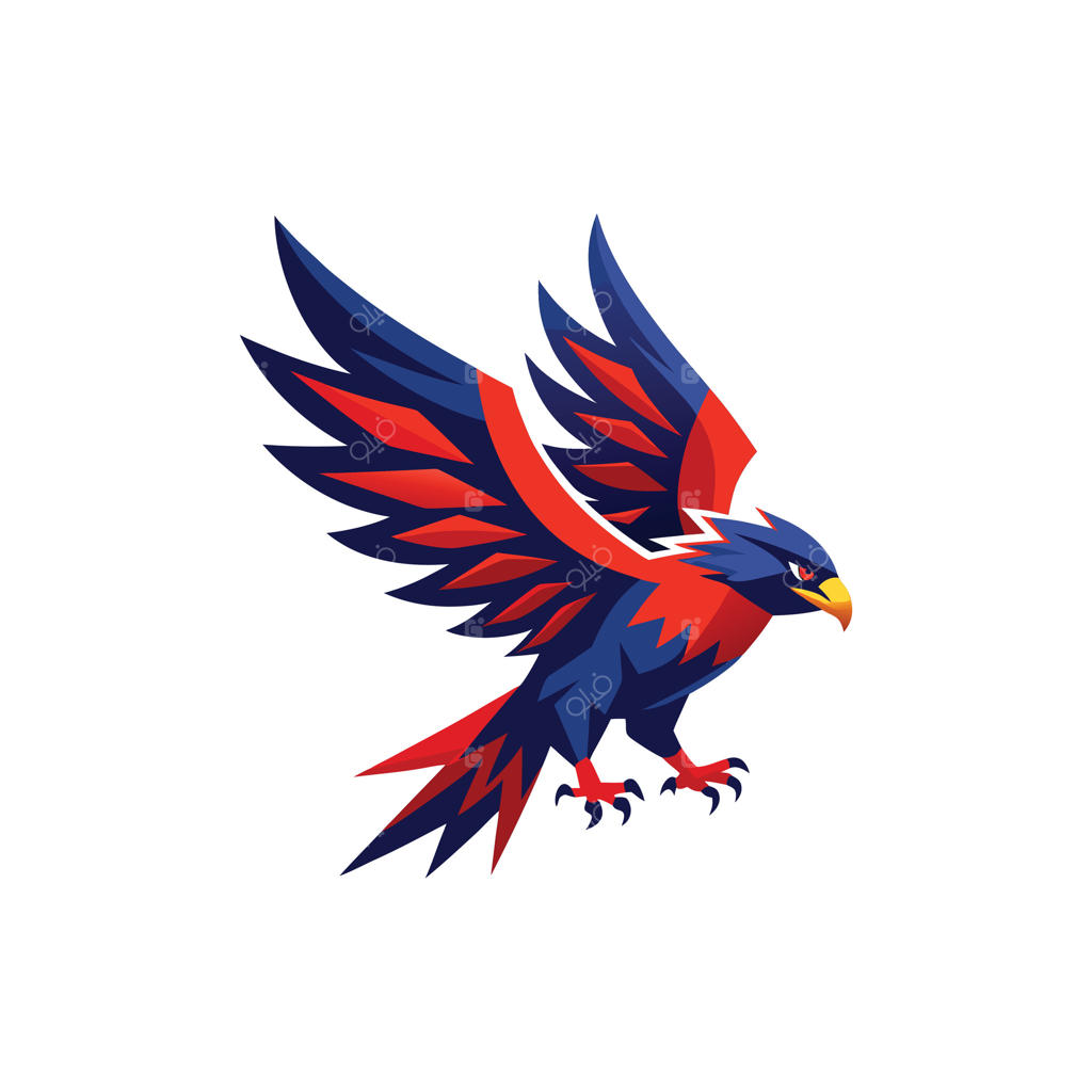 شاهین شکاری قرمز و آبی تهاجمی در حال پرواز با بال‌های گشوده