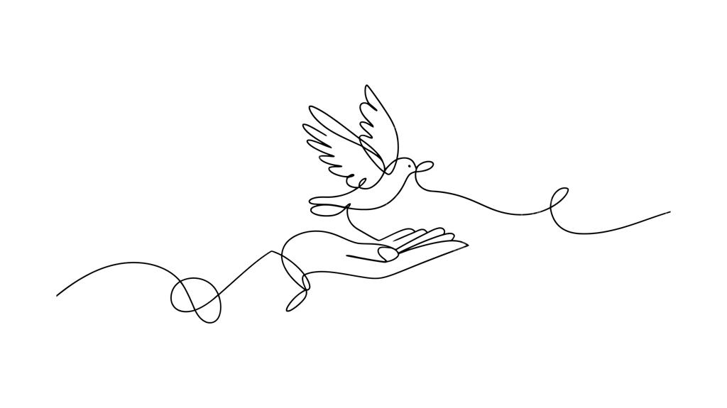 طراحی تک‌خطی کبوتر در حال پرواز از دست باز، وکتور نمادین صلح و آزادی