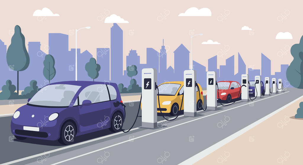 شارژ اتومبیل‌های برقی در صفی کنار خیابان شهری با ساختمان‌های مدرن.