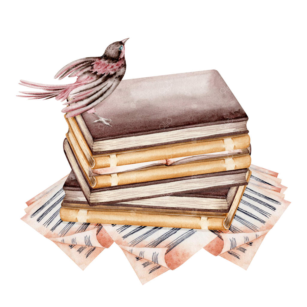 پرنده کوچک بر روی انبوهی از کتاب‌های قدیمی و صفحات دست‌نویس نت موسیقی - طراحی کارت پستال یا پوستر قدیمی - نقاشی آبرنگی دستی بر روی زمینه سفید - طرح بازگشت به مدرسه