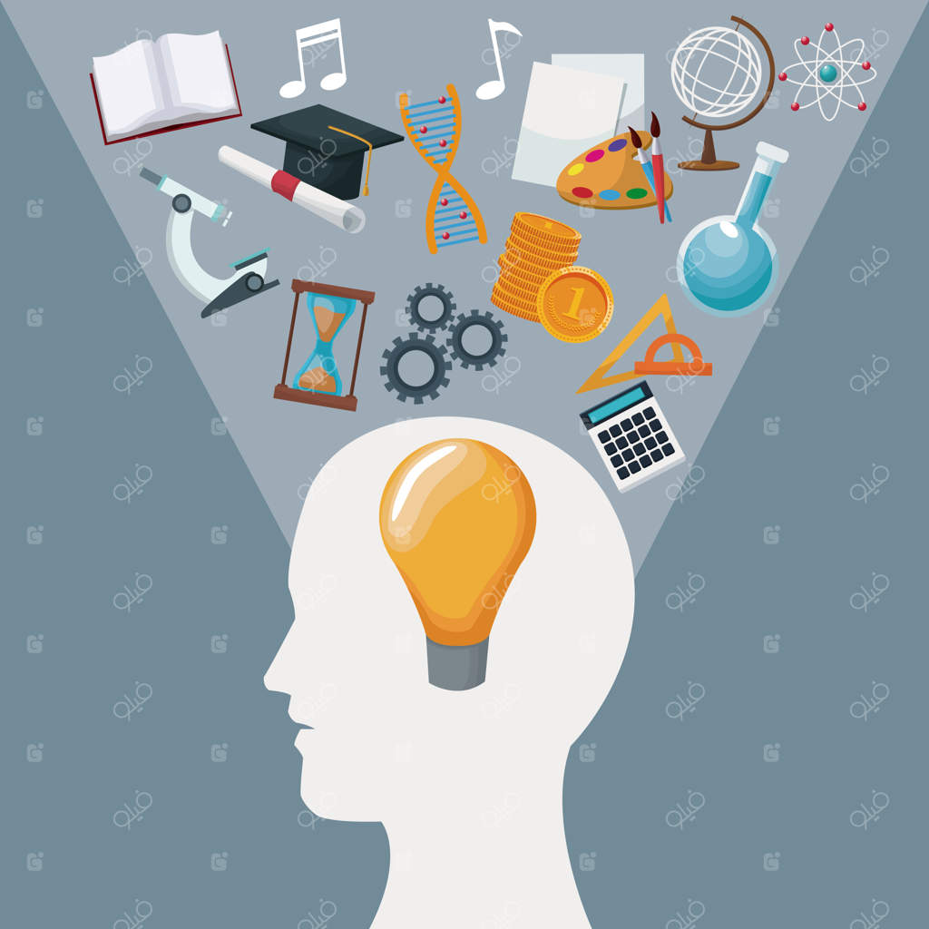 پس‌زمینه رنگی سر انسان با ایده و نمادهای نور دانش درون آن