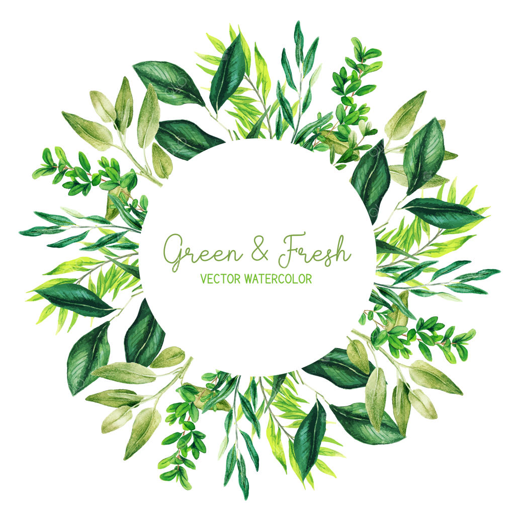 قاب گرد با برگ‌ها و عناصر گل‌آبرنگی دستی رسم شده