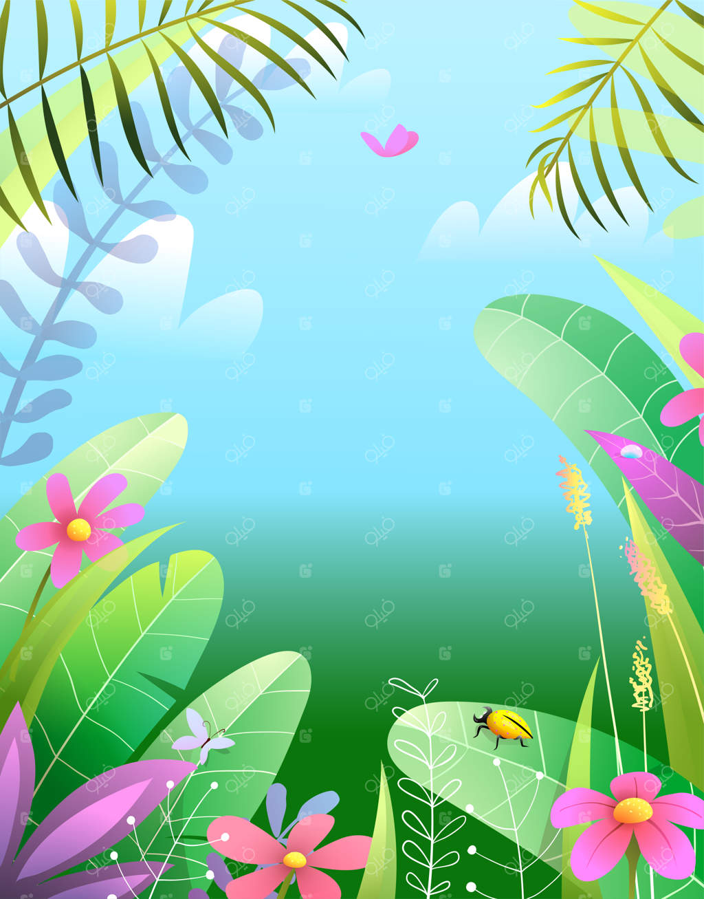 کارتون پس‌زمینه بهشت طبیعی گرمسیری: منظره تابستانی آرام و دل‌انگیز با برگ‌ها، گل‌ها و آسمان آبی. قاب طبیعت جنگلی پرپشت. تصویر برداری به سبک آبرنگ.