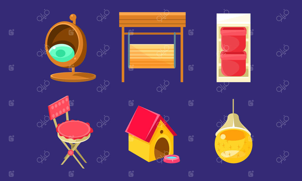 عناصر طراحی منظره باغ: خانه سگ، صندلی، فانوس، مبل، تاب بازی و تصویرسازی