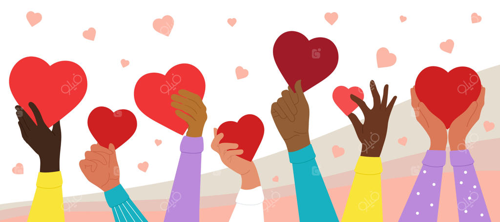 بنر وکتور خیریه و مهربانی؛ تصویر افرادی که قلب‌های قرمز در دست دارند، نماد حمایت، همدلی و عشق در یک جامعه چندفرهنگی.