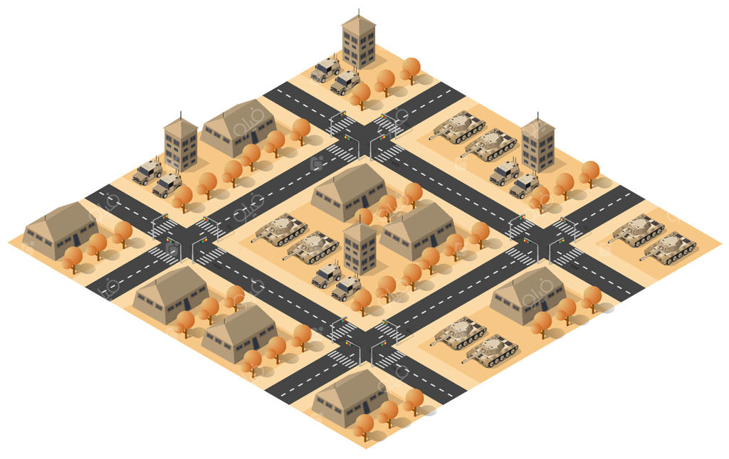 نمای ایزومتریک از بالای کلان‌شهر و زیرساخت‌های شهری، خیابان‌های مدرن و سازه‌های واقعی؛ تصویرسازی سه‌بعدی معماری و ساختمان‌های مختلف