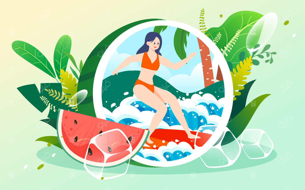 شخصیت تابستانی روی هندوانه نشسته و با خوردن هندوانه و مکعب‌های یخ خنک می‌شود