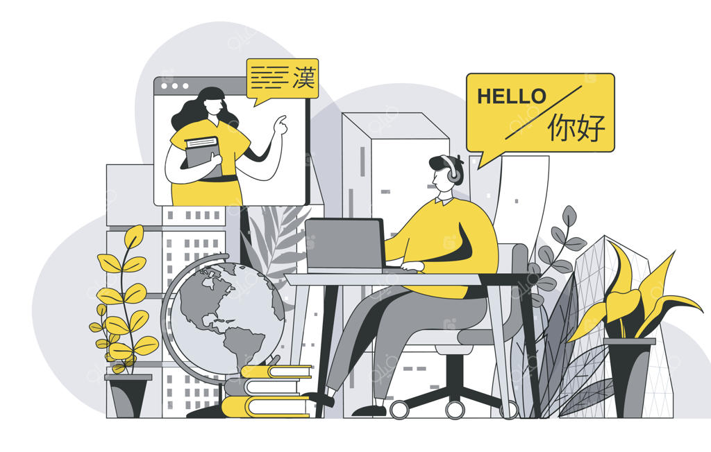 مفهوم دوره‌های آموزش زبان؛ مرد در حال مطالعه و یادگیری آنلاین با معلم