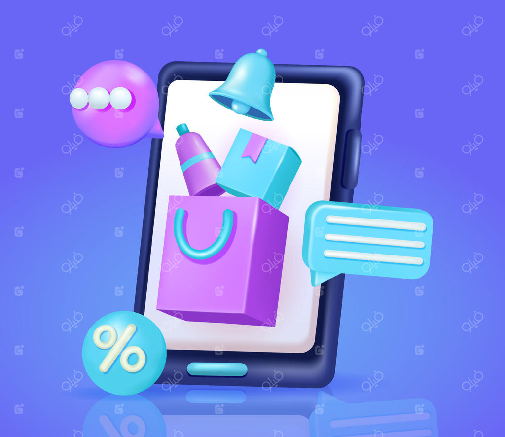 تصویر سه‌بعدی از خرید آنلاین: کیف خرید و محصولات از صفحه نمایش گوشی هوشمند، همراه با عناصر تبلیغاتی و زنگ‌های اعلان. خرید آنلاین از طریق گوشی. مناسب برای فروشگاه‌های خرده‌فروشی الکترونیکی.