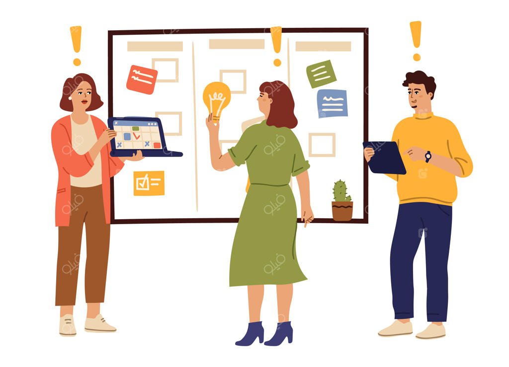 همفکری تیمی: دفتر کار، تفکر خلاق با همکاری مردان و زنان در برنامه‌ریزی استارتاپ - تیم کاری و مدیریت زمان مؤثر یا فرآیند کار چابک