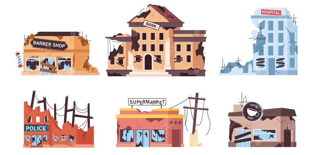 مجموعه‌ تصاویر کارتونی از ساختمان‌های ویران‌شده شهر. بانک، بیمارستان، سوپرمارکت متروک، کافی شاپ و اداره پلیس پس از جنگ یا بلایای طبیعی. مفهوم تخریب، ویرانی، زلزله.