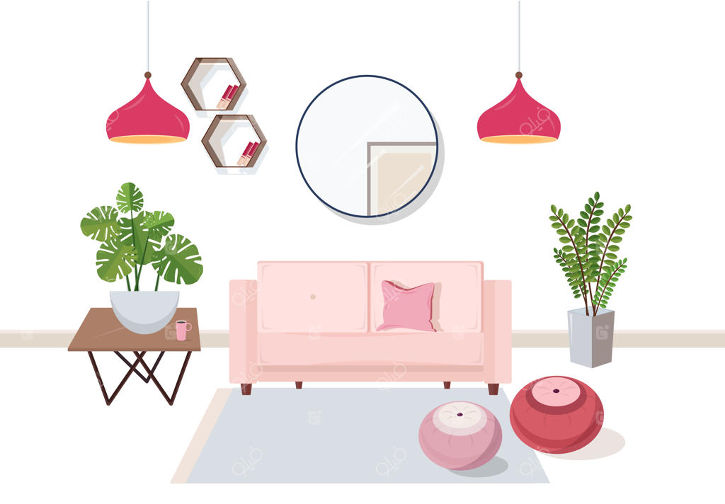 طراحی داخلی اتاق نشیمن با مبلمان راحت و دکوراسیون منزل - کاناپه، میز قهوه‌خوری، گیاهان خانگی، زیرپایی، قفسه‌ها، لامپ‌ها، آینه. تصویر رنگارنگ به سبک تخت.