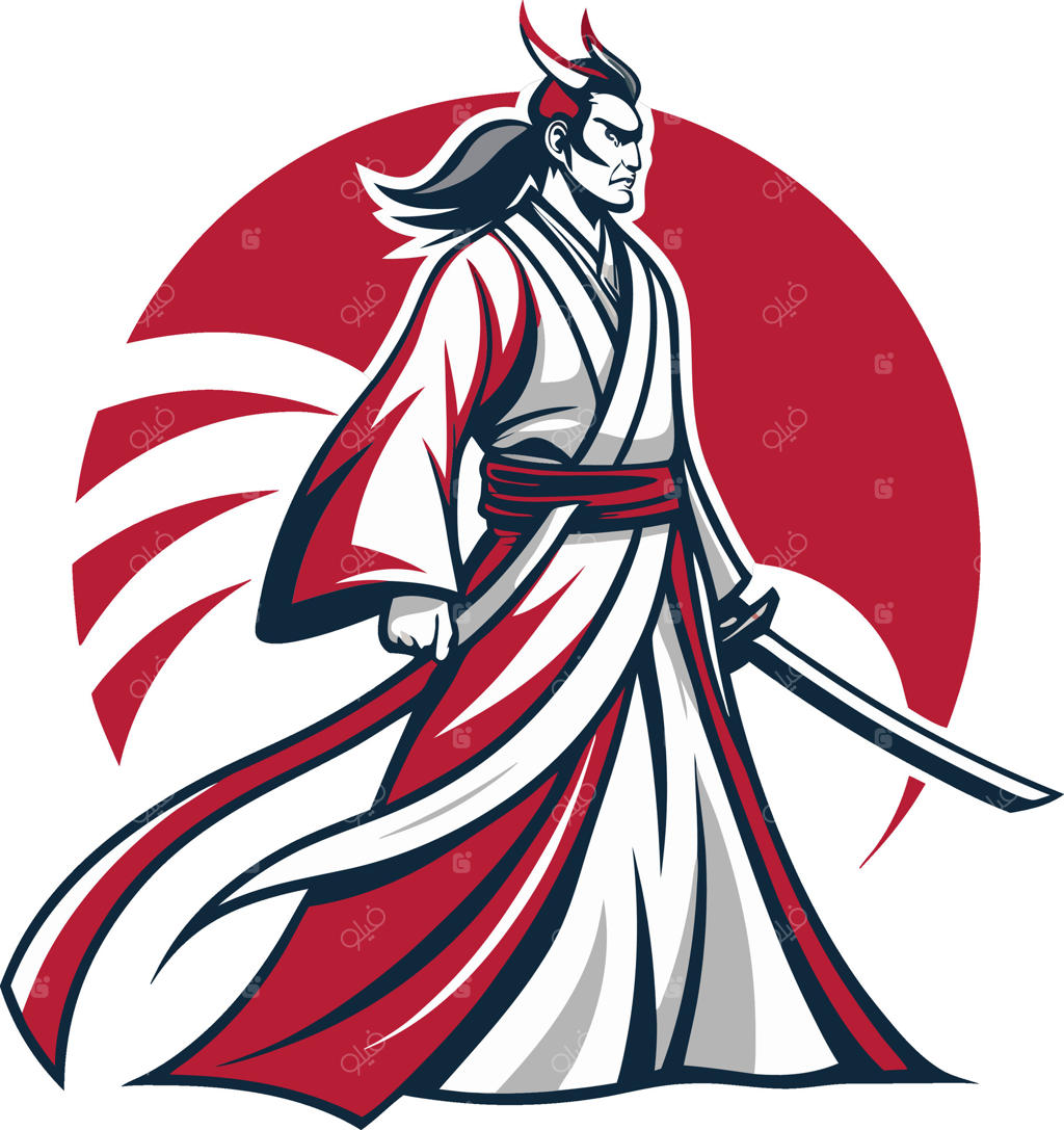 جنگجوی سامورایی قدرتمند با لباس سنتی و شمشیر کاتانا در پس‌زمینه دایره سرخ