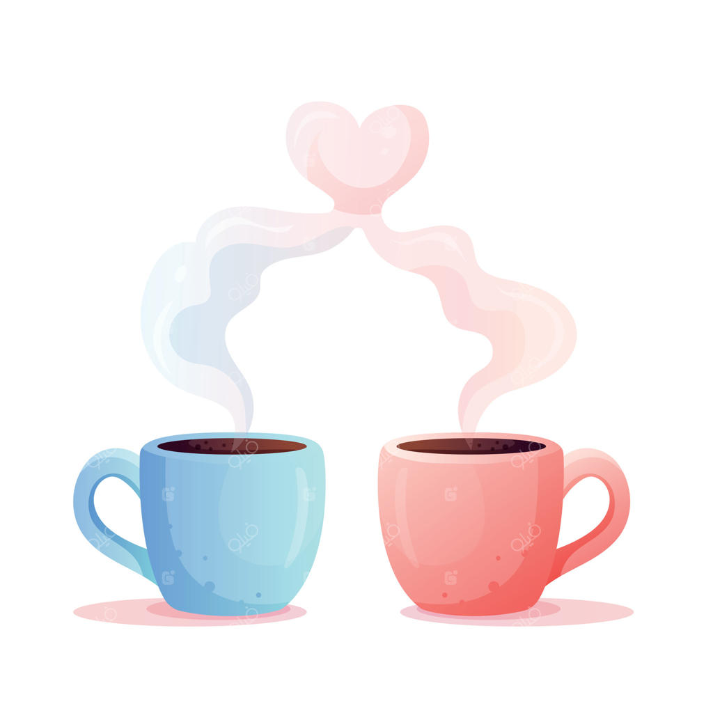 طرح دو فنجان قهوه یا شکلات داغ با بخار به شکل قلب در سبک کارتونی بر روی زمینه سفید