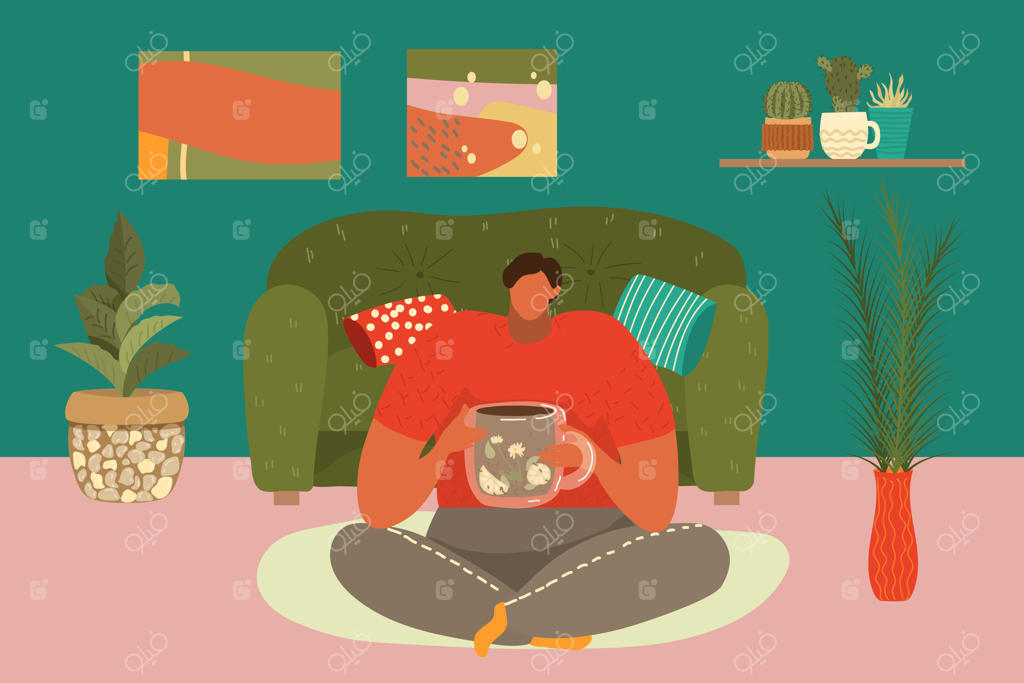 ترکیب استراحت در خانه، نشسته در اتاق، حالت راحت، طرح ساده روی مبل، تصویر کارتونی. مفهوم زندگی مدرن و اوقات فراغت، طراحی فضایی دنج و راحت.