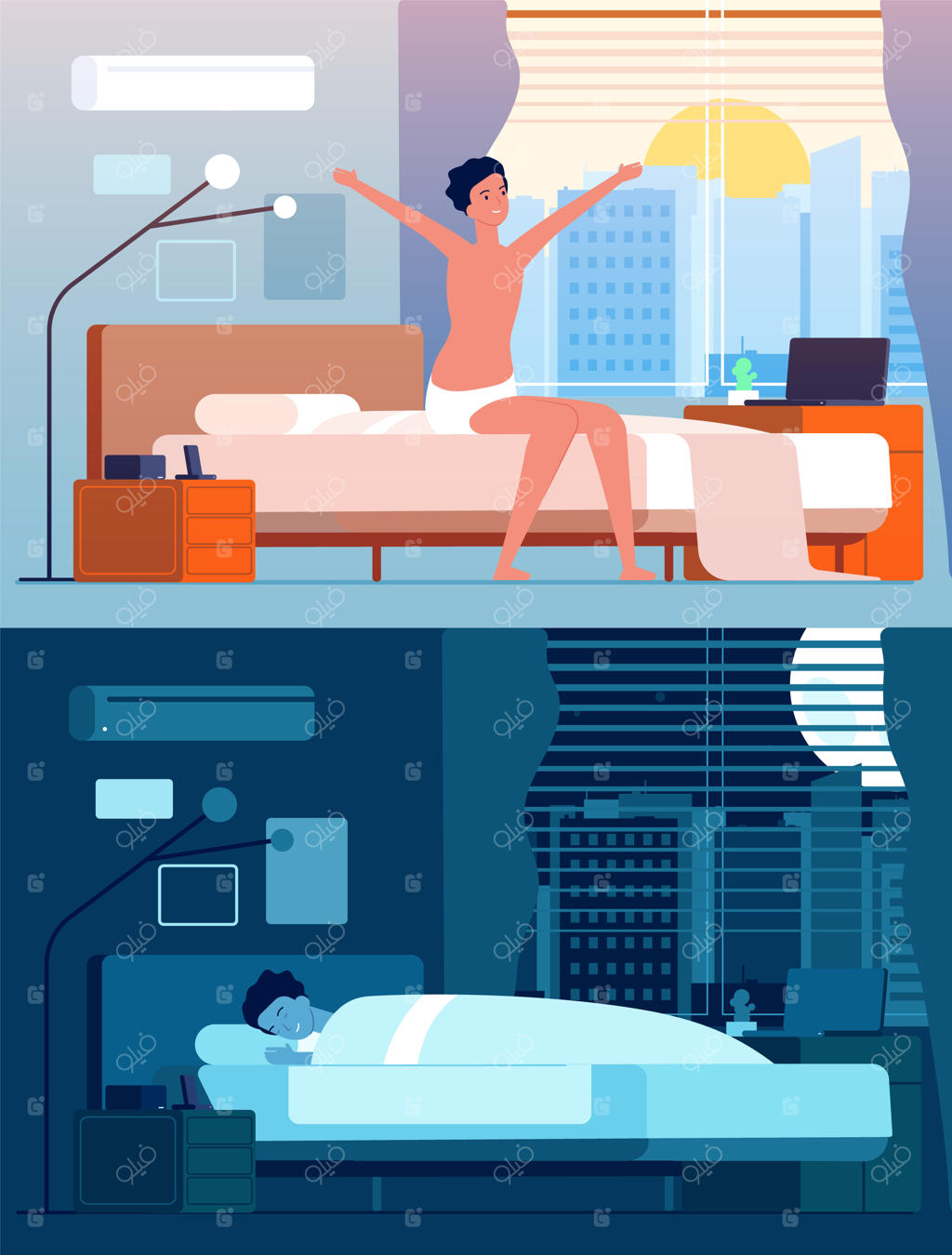 مرد بیدار می‌شود: شخصیت‌های مرد در رختخواب شبانه، آرامش صبح، نشسته و بیدار شدن، تصویرسازی از خواب و بیداری مرد در اتاق خواب.