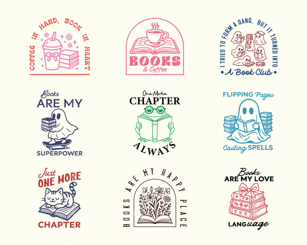 پکیج طراحی نقل قول عاشقان کتاب و شخصیت کارتونی جذاب: مناسب برای تی‌شرت، پوستر، استیکر و چاپ