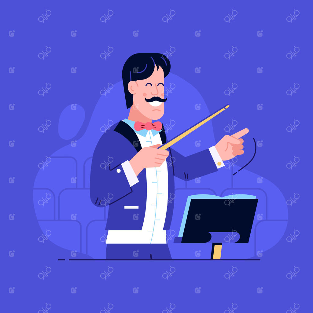 رهبر ارکستر خندان با باتوم: مدیریت مؤثر در صحنه اجرای موسیقی با لباس رسمی و پاپیون هدایت می‌کند