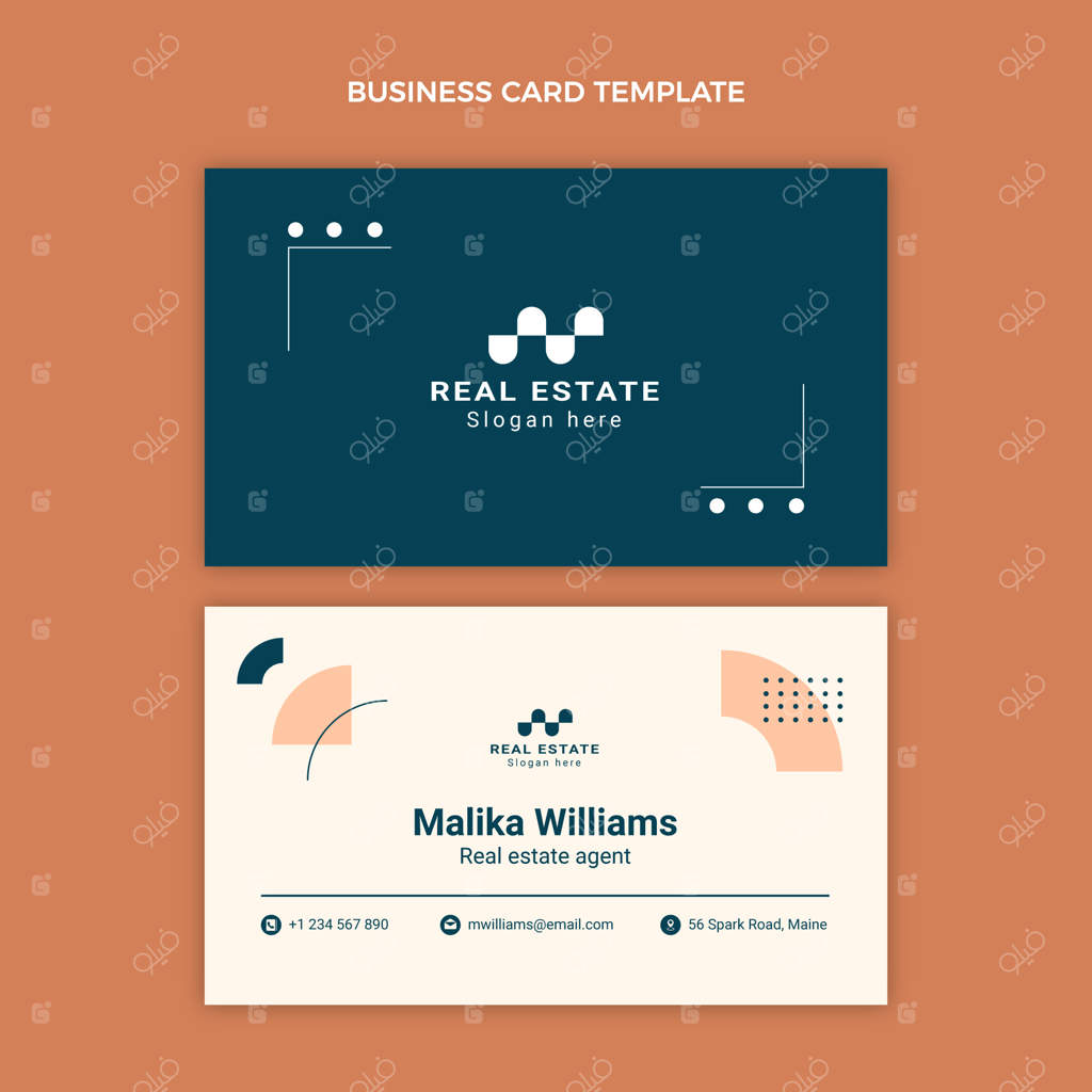 طرح کارت ویزیت افقی املاک با طراحی تخت و اشکال هندسی抽象