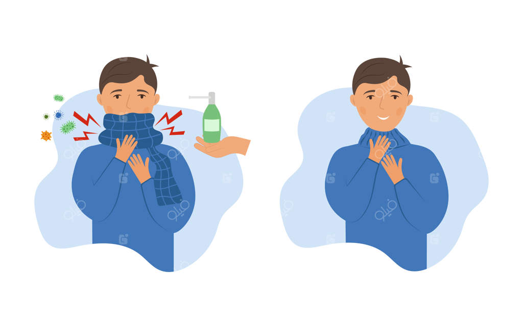 تصویرسازی از دو مرد: یکی با گلودرد و میکروب‌ها، دیگری خندان و سالم - وکتور