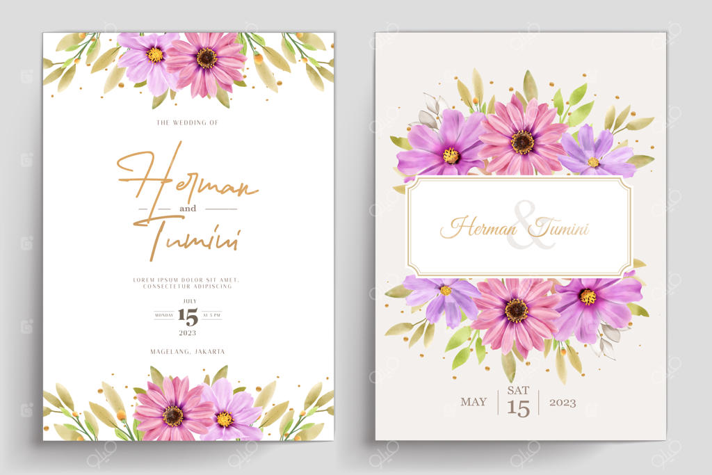 کارت دعوت عروسی با طرح آبرنگی گل داوودی