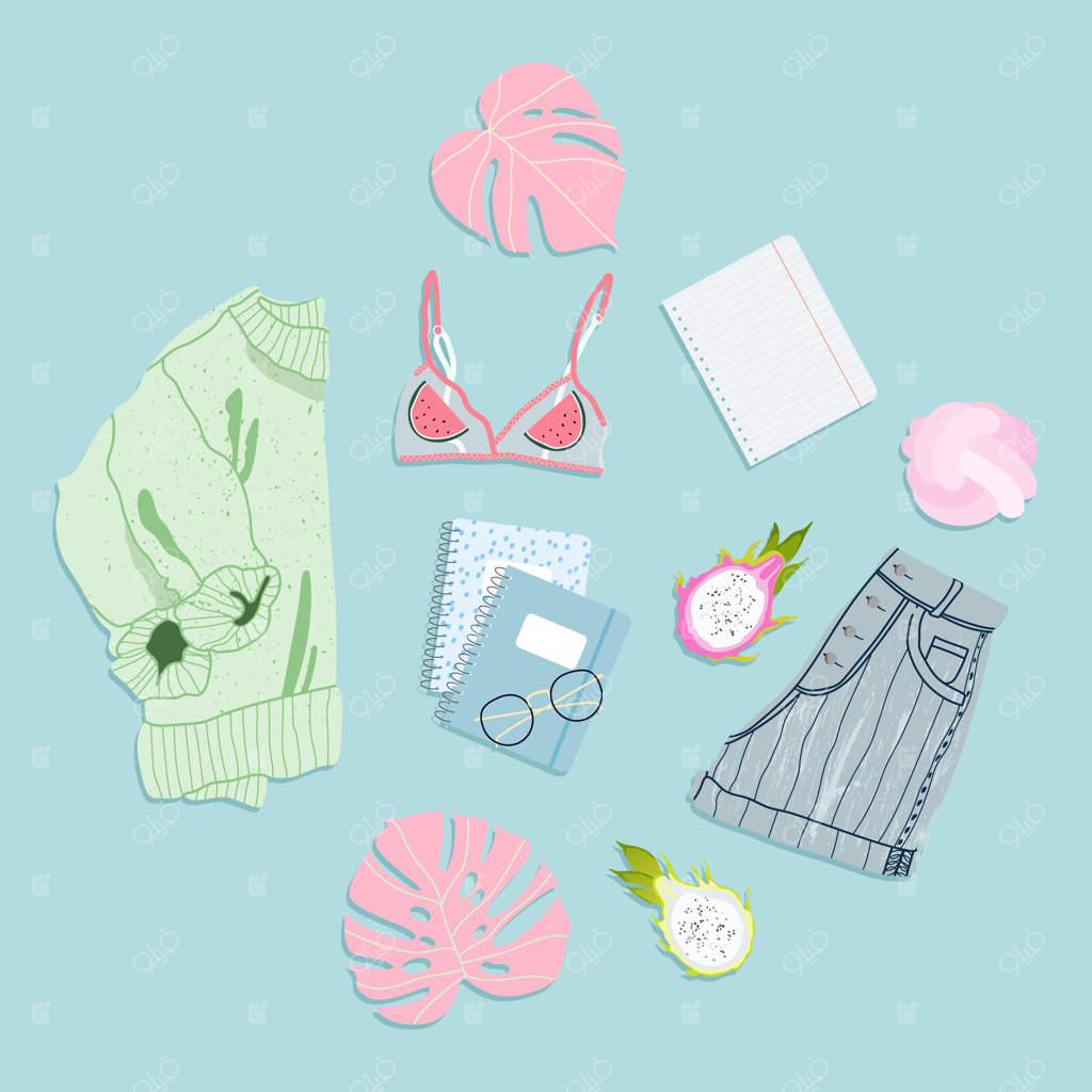 چیدمان لباس تابستانی. طرح‌های دست‌کشیده مدروز. پوشاک تابستانی. انواع اجزای کمد لباس مانند ژاکت، شلوارک، سوتین. برگ‌های مونسترا و دفترچه‌ها از نمای بالا.