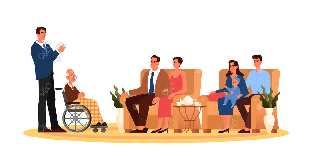 وکیل در حال خواندن وصیت‌نامه پیرمرد برای خانواده. برنامه‌ریزی دوران بازنشستگی، انتقال اموال، خدمات مشاور مالی و وکیلی.