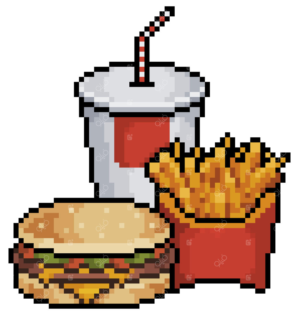 آیتم‌های پیکسلی بازی: همبرگر، نوشابه و سیب‌زمینی سرخ‌کرده روی زمینه سفید